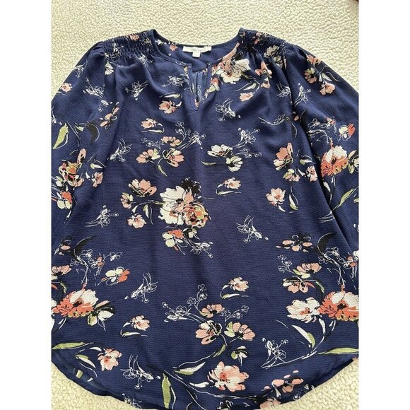 Fun2Fun Navy Blue Floral Boho Kenmore Split Neck Stretch Blouse Size S - Picture 5 of 9
